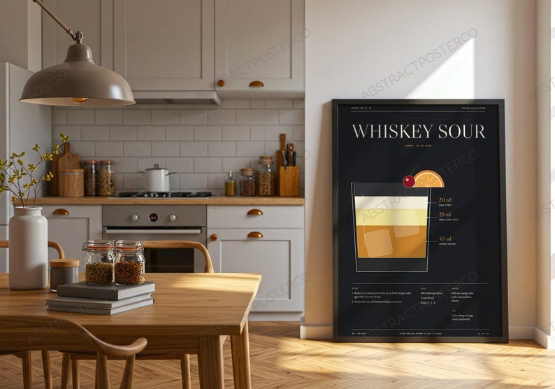 Whiskey Sour Cocktail Recipe Print shown in a kitchen