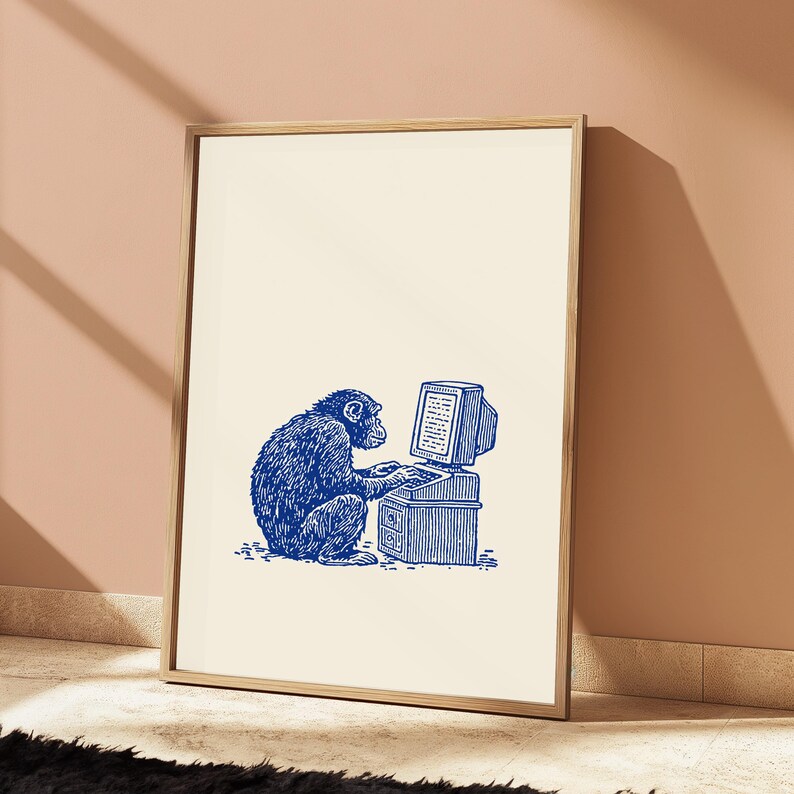 May include: A framed art print featuring a blue ink illustration of a chimpanzee sitting and typing on a vintage desktop computer. The artwork is centered on a cream-colored background, showcasing a detailed sketch of the primate at a desk.
