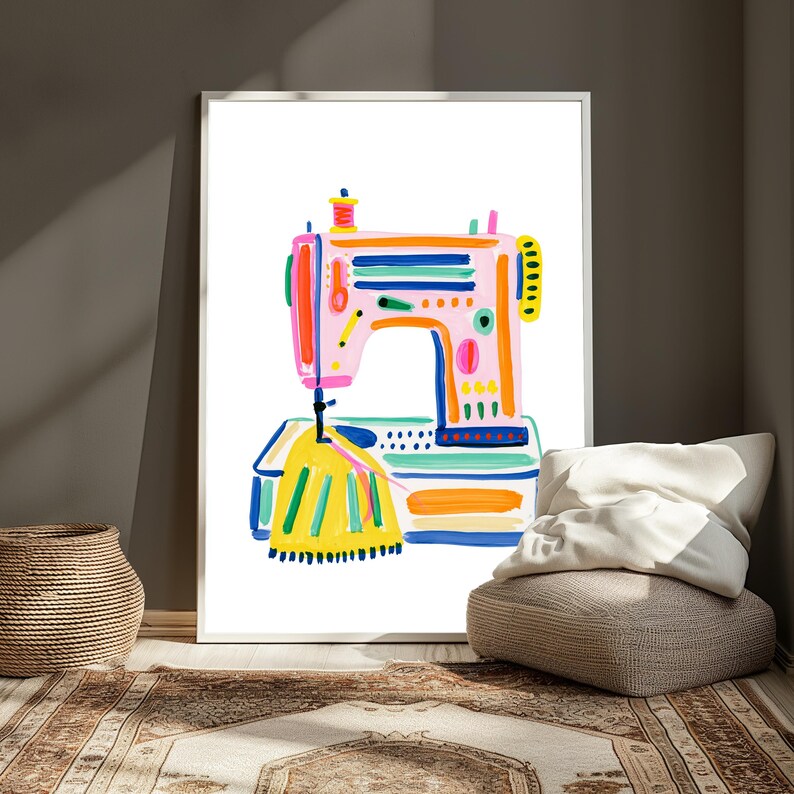 Stampa Pop Art di una macchina da cucire colorata / Arte artigianale vibrante / Decorazione minimalista per la casa / Download digitale A3 A2 A1 immagine 4