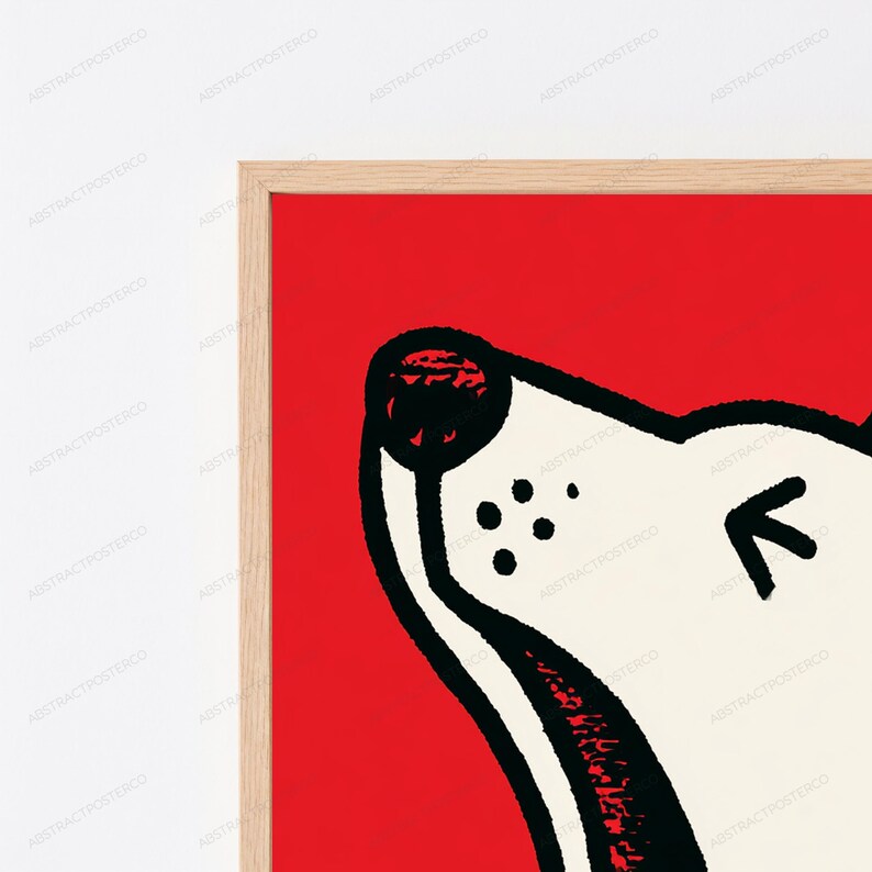 Popkonsttryck med skällande vit hund, röd bakgrund | Djärv grafisk djurväggkonst | Modern heminredning bild 2