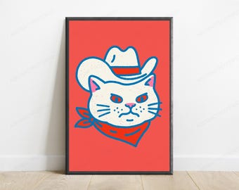 Stampa Pop Art del Gatto Cowboy / Arte murale felina western / Ritratto di animale retrò / Download digitale A3 A2 A1