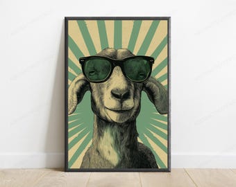 Cool Goat Sunglasses Print | Retro Pop Art Wall Art | Funny Animal Portrait Decor | Digital Download A3 A2 A1