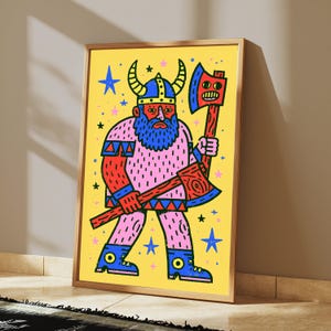 Bunte Wikinger Kriegerin Pop Art Print | Bold Axe Demon Charakter Wandkunst | Schrullige Wohnkultur | Digitaler Download A3-A2-A1 Bild 2
