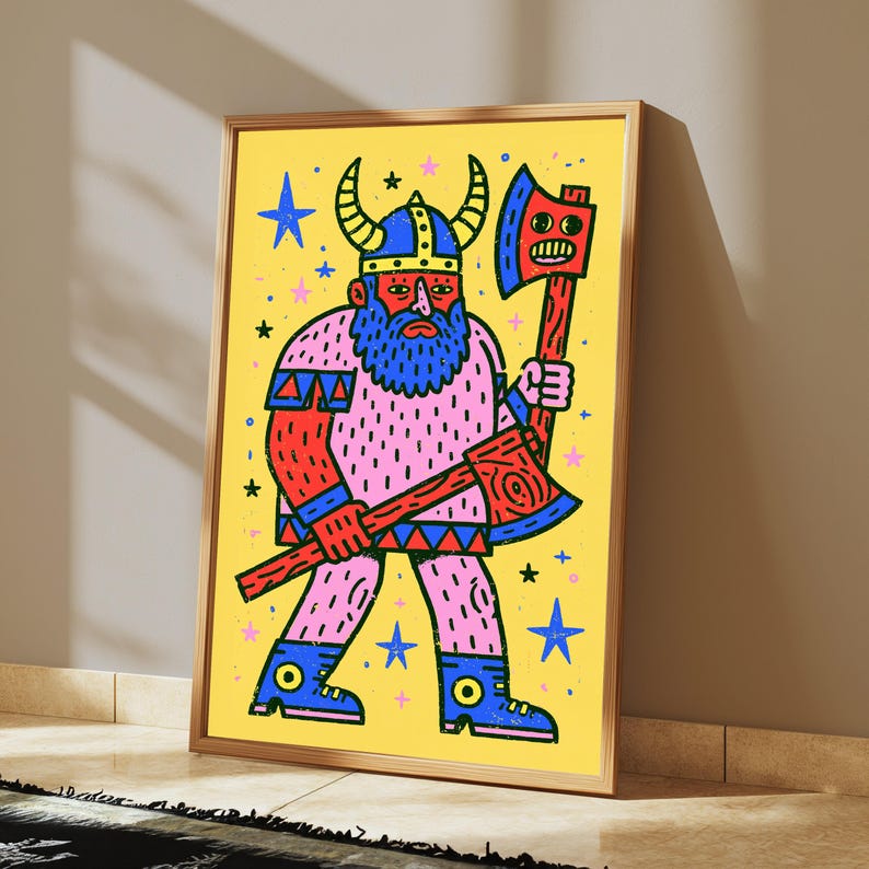 Bunte Wikinger Kriegerin Pop Art Print | Bold Axe Demon Charakter Wandkunst | Schrullige Wohnkultur | Digitaler Download A3-A2-A1 Bild 2