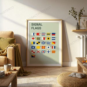 International Signal Flags A-Z Chart in Sage shown in a living room