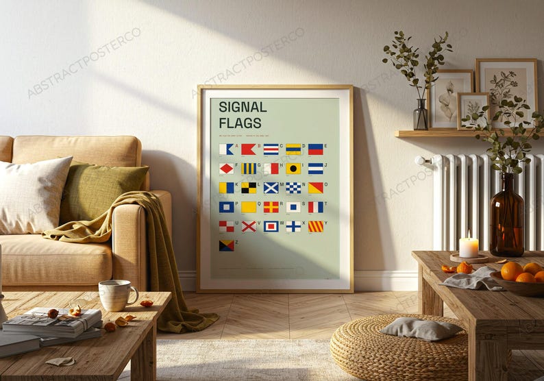 International Signal Flags A-Z Chart in Sage shown in a living room