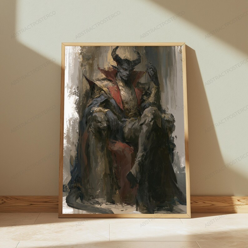 May include: A framed wall art print featuring a digital painting of a horned, dark-skinned figure with pointed ears sitting on a throne. The figure wears a high-collared red and gold garment with dark blue accents, rendered in a textured, painterly style.
