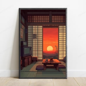 May include: A framed digital art print depicting a pixelated interior of a room with tatami mats, a low wooden table, and a television set. A large open doorway reveals a vibrant orange sunset over distant mountains through sliding shoji screens.