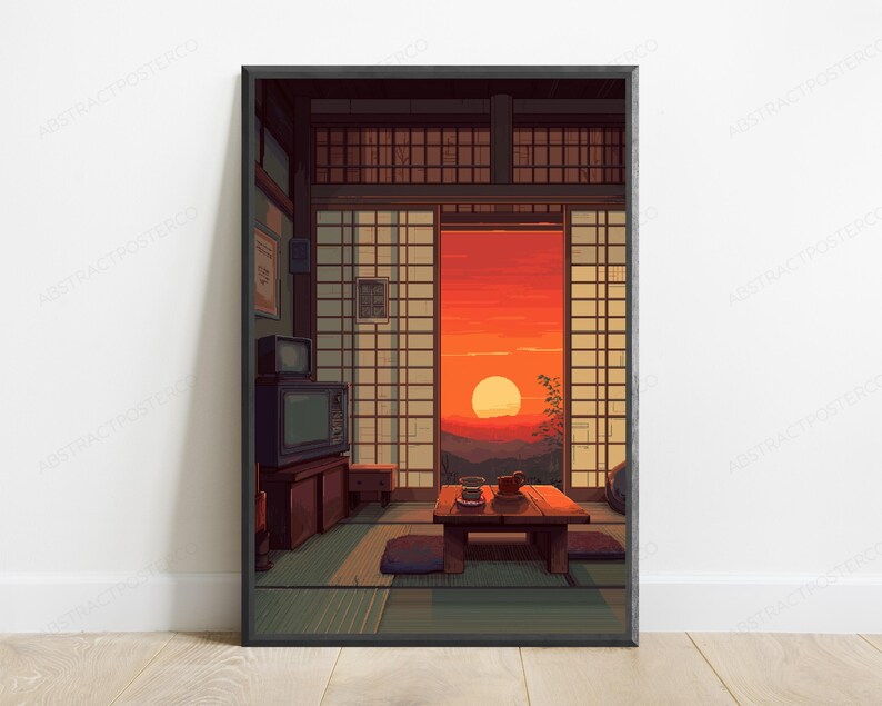 May include: A framed digital art print depicting a pixelated interior of a room with tatami mats, a low wooden table, and a television set. A large open doorway reveals a vibrant orange sunset over distant mountains through sliding shoji screens.