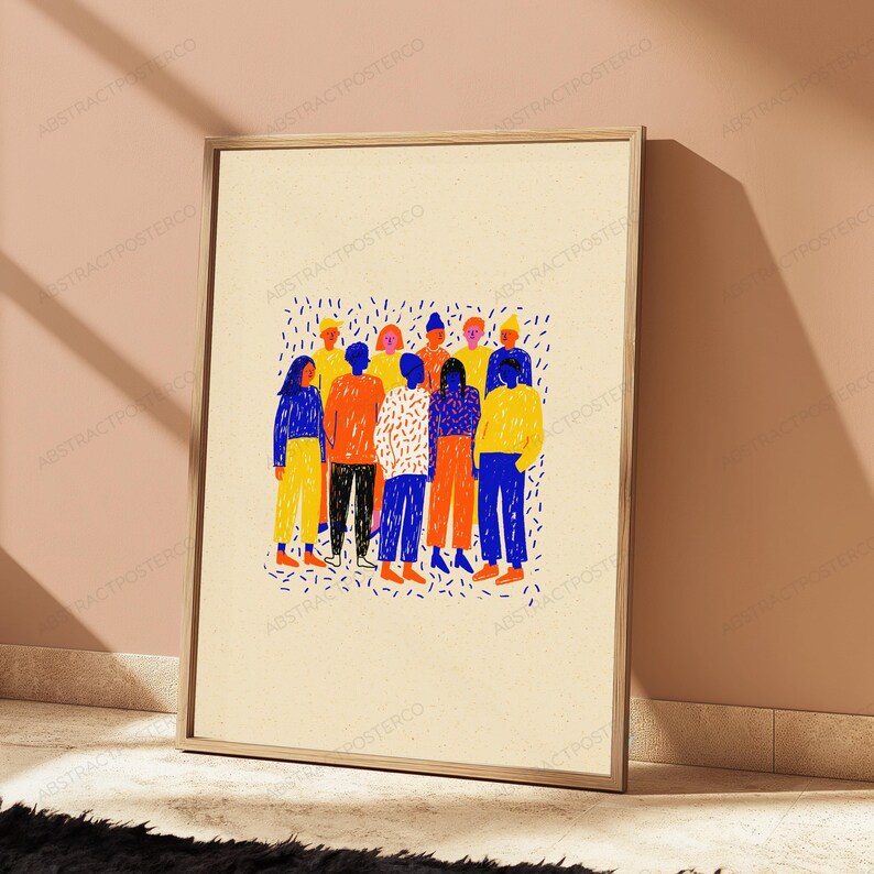 May include: A framed rectangular wall art print featuring a group of stylized figures in a crowd. The illustration uses a vibrant color palette of blue, orange, and yellow against a cream background, with small blue dash marks surrounding the group.