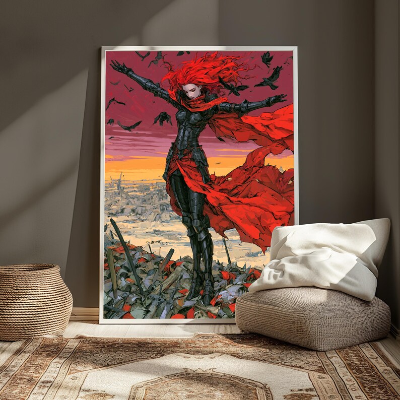 May include: A framed wall art print depicting a figure with long red hair wearing black armour and a flowing red cape, standing with arms outstretched over a desolate landscape filled with debris and flying black birds against a sunset sky.