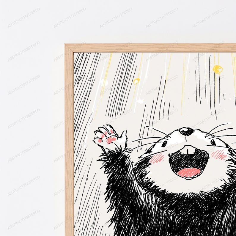 Pu&ograve; includere: Una stampa artistica incorniciata con un disegno a inchiostro in bianco e nero di una lontra allegra con le braccia alzate. La lontra ha guance rosa, la bocca spalancata ed &egrave; circondata da linee verticali e piccoli punti gialli.