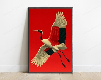 Red Crowned Crane Japanese Art Print | Minimalist Bird Wall Art (Digital Download)