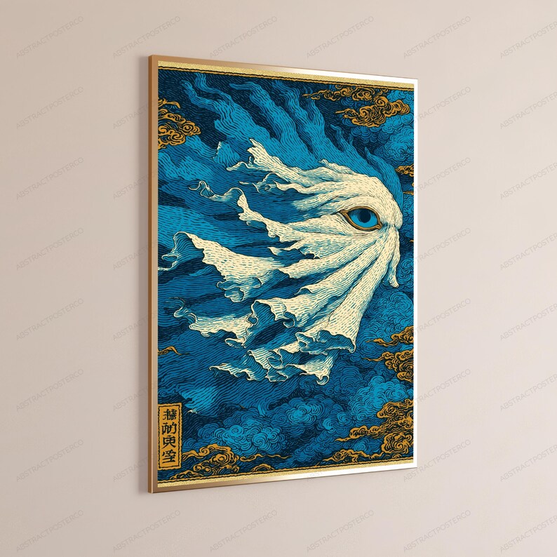 May include: A rectangular wall art print featuring a stylized, flowing white entity with a single prominent blue eye, set against a deep blue background with swirling patterns and gold-toned cloud motifs. A vertical black text box is in the corner.