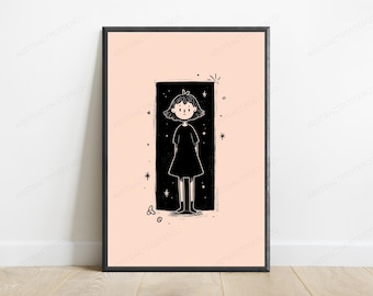 Starry Night Girl Minimalist Portrait | Whimsical Line Art Print | Cute Wall Decor | Digital Download A3 A2 A1