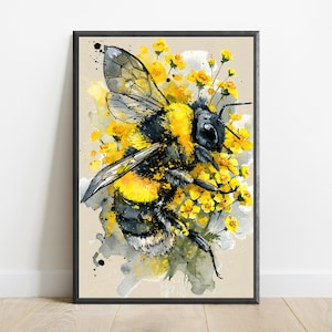 Bee with Yellow Flowers Watercolor Art Print | Nature Botanical Wall Art | Minimalist Home Decor | Digital Download A3 A2 A1 image 1