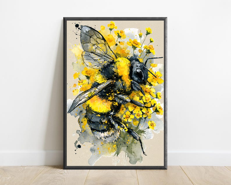 Bee with Yellow Flowers Watercolor Art Print | Nature Botanical Wall Art | Minimalist Home Decor | Digital Download A3 A2 A1 image 1