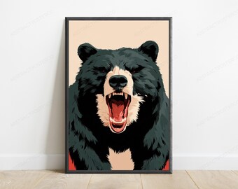 Aggressive Bear Roaring Portrait Pop Art Print | Bold Wildlife Wall Art | Modern Home Decor