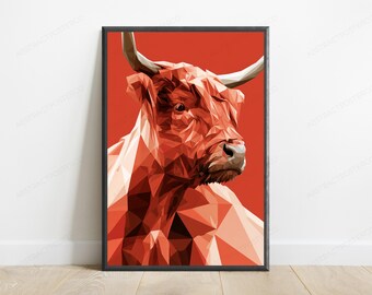 Highland Bull Geometric Pop Art Print | Polygon Animal Portrait | Modern Home Decor