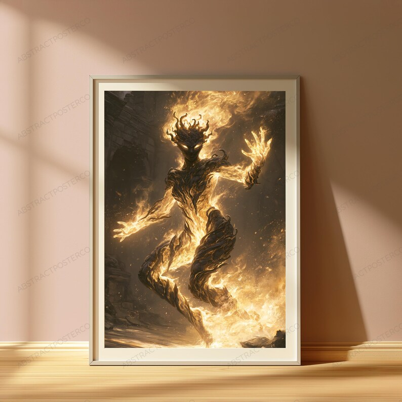 May include: A framed wall art print featuring a dark, humanoid figure composed of swirling golden flames and embers. The figure is depicted in a dynamic, leaping pose against a dark, shadowy background, with bright light radiating from its form.