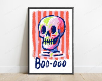 Neon Skull Boo-oo Pop Art Print | Colorful Halloween Wall Art | Vibrant Skeleton Decor