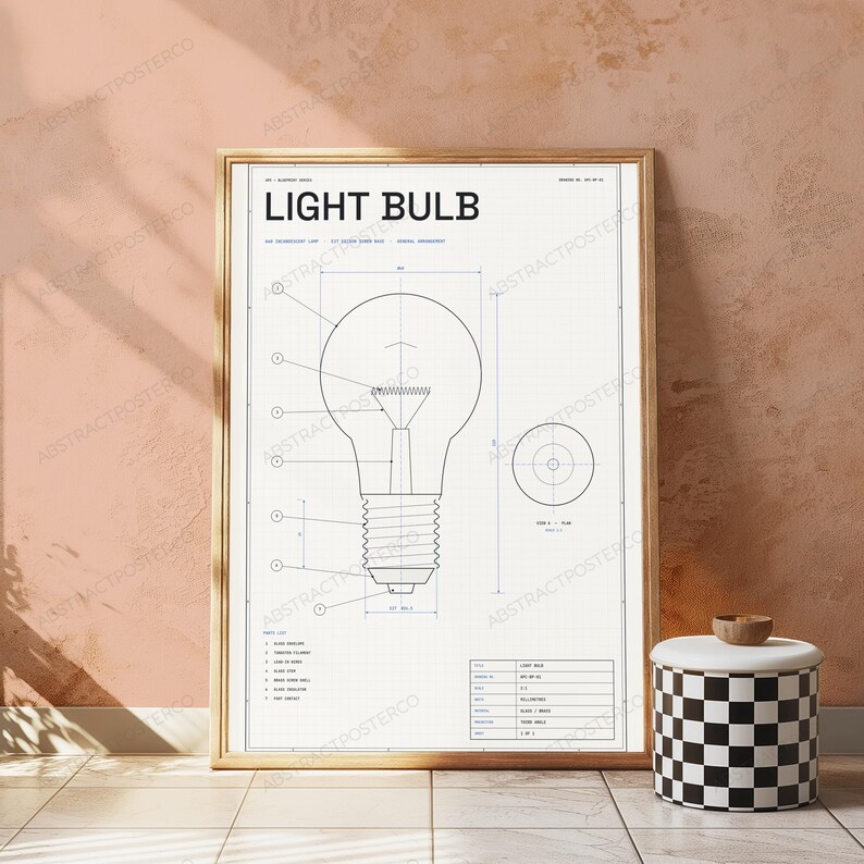 Light Bulb Technical Blueprint Print | Vintage Diagram Wall Art | Minimalist Engineering Poster Bild 5