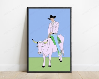 Stampa Pop Art con cowboy rosa / Ritratto di toro western / Decorazione murale minimalista / Download digitale A3 A2 A1
