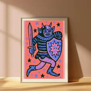 Psychedelic Demon Warrior Pop Art Print | Neon Sword Shield Wall Art | Vibrant Maximalist Decor | Digital Download A3 A2 A1 image 5