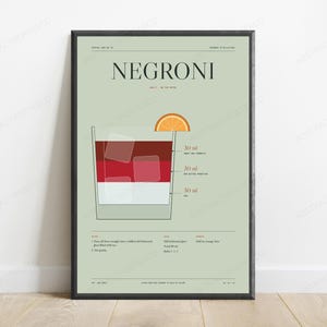 Negroni Cocktail Recipe Print in Sage | Minimalist Drink Art | Bar Kitchen Wall Decor image 1