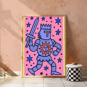 Lámina de arte pop "Rey Cósmico con Espada" / Arte mural de guerrero retro / Decoración minimalista colorida / Descarga digital A3 A2 A1 imagen 3