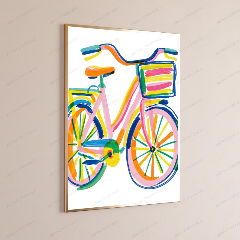 May include: A framed wall art print featuring a colorful, abstract illustration of a bicycle. The bicycle is rendered in vibrant brushstrokes of pink, orange, yellow, blue, and green, complete with a front basket and a bright orange seat.