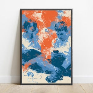 Puede incluir: Una impresi&oacute;n art&iacute;stica vertical enmarcada con una ilustraci&oacute;n estilizada de dos personas sentadas juntas. Una persona apoya la barbilla en la mano mientras mira hacia otro lado, y la otra mira un tel&eacute;fono inteligente. La paleta usa naranja, azul y crema.