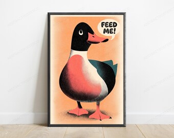 Hungry Duck Minimalist Art Print | Retro Animal Wall Art | Funny Farm Bird Poster | Digital Download A3 A2 A1