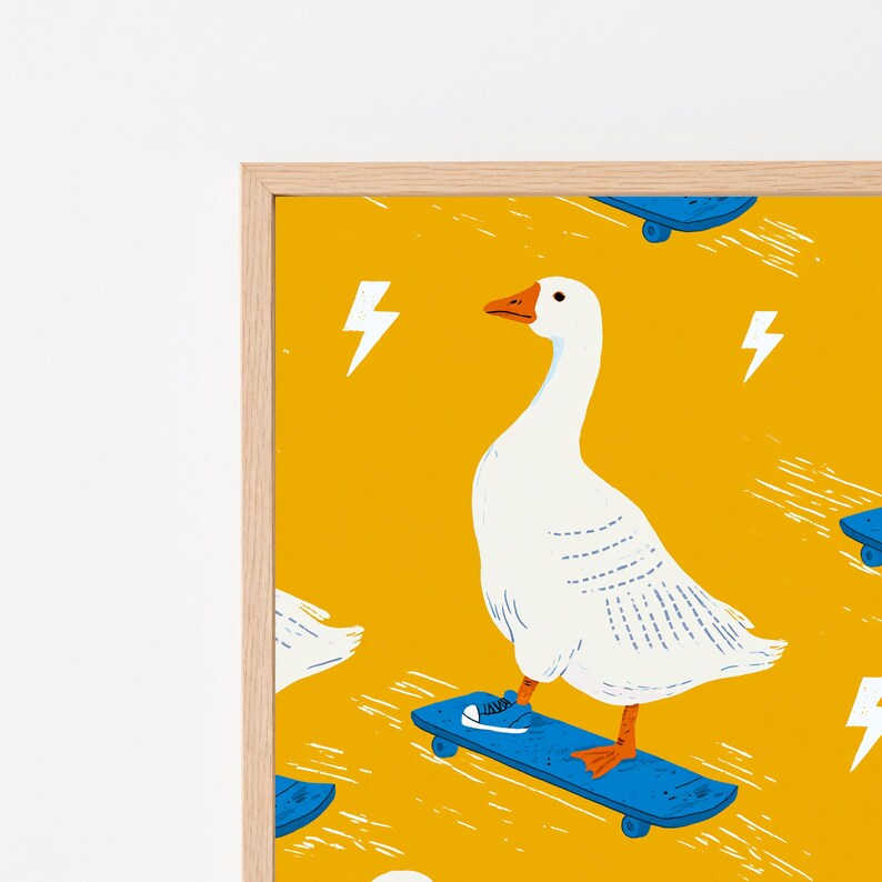 Skateboarding Geese Pop Art Print | Yellow Minimalist Wall Art | Fun Animal Illustration | Digital Download A3 A2 A1 image 8