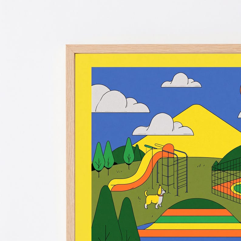 May include: A framed wall art print featuring a colorful cartoon landscape with a yellow mountain, blue sky, white clouds, green trees, and an orange slide. A small white and yellow dog stands on the grass near a playground structure.