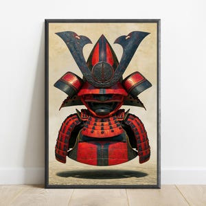 Peut inclure: Une impression d'art murale encadr&eacute;e repr&eacute;sentant une illustration d&eacute;taill&eacute;e d'un casque et d'une armure de samoura&iuml; traditionnels. L'armure est principalement rouge vif avec des accents bleu fonc&eacute; et des bordures m&eacute;talliques, avec des plaques.