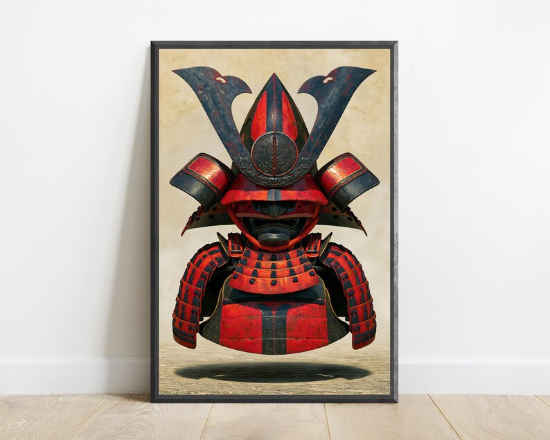 Peut inclure: Une impression d'art murale encadr&eacute;e repr&eacute;sentant une illustration d&eacute;taill&eacute;e d'un casque et d'une armure de samoura&iuml; traditionnels. L'armure est principalement rouge vif avec des accents bleu fonc&eacute; et des bordures m&eacute;talliques, avec des plaques.