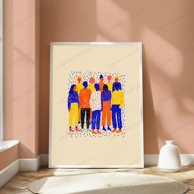 May include: A framed vertical poster featuring a stylized illustration of a group of people standing together. The figures are rendered in vibrant blue, orange, and yellow colors against a light cream background with scattered blue dash marks.