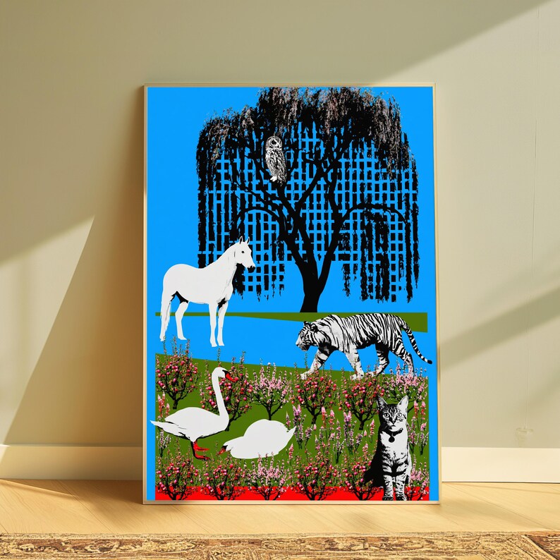 May include: A rectangular art print featuring a bright blue background with a black silhouette of a willow tree containing an owl. Below, a white horse stands near a white tiger, while a swan and a cat are positioned in a field of pink flowers.