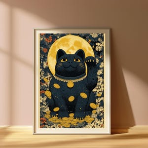 May include: A framed wall art print featuring a black cat with yellow eyes and a collar with a bell, depicted in a beckoning pose. The cat is surrounded by a background of yellow flowers and a large yellow moon, with gold coins scattered around.