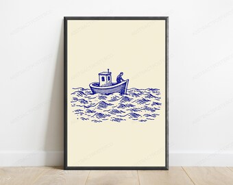 Fisherman Sailing Boat Line Art Print | Coastal Vintage Illustration | Nautical Wall Decor | Digital Download A3 A2 A1