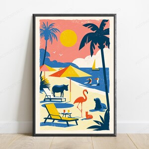 May include: A framed art print featuring a colorful beach scene with a yellow sun, palm trees, a sailboat, and various animals including a flamingo, a donkey, and a seal. The illustration uses a palette of pink, yellow, blue, and cream tones.