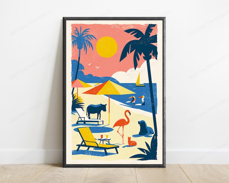May include: A framed art print featuring a colorful beach scene with a yellow sun, palm trees, a sailboat, and various animals including a flamingo, a donkey, and a seal. The illustration uses a palette of pink, yellow, blue, and cream tones.