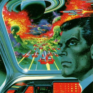 May include: A science fiction illustration featuring a person in profile looking out a cockpit window at a space battle. The scene shows red and silver spaceships flying through a vibrant nebula with a large ringed planet and glowing stars.