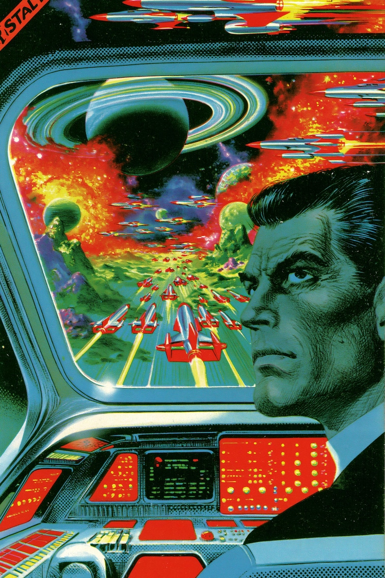 May include: A science fiction illustration featuring a person in profile looking out a cockpit window at a space battle. The scene shows red and silver spaceships flying through a vibrant nebula with a large ringed planet and glowing stars.