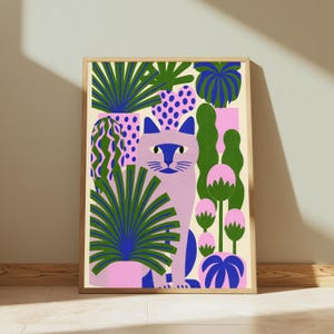 Pink Cat Jungle Minimalist Art Print | Botanical Pop Art | Colourful Home Decor | Digital Download A3 A2 A1 image 2