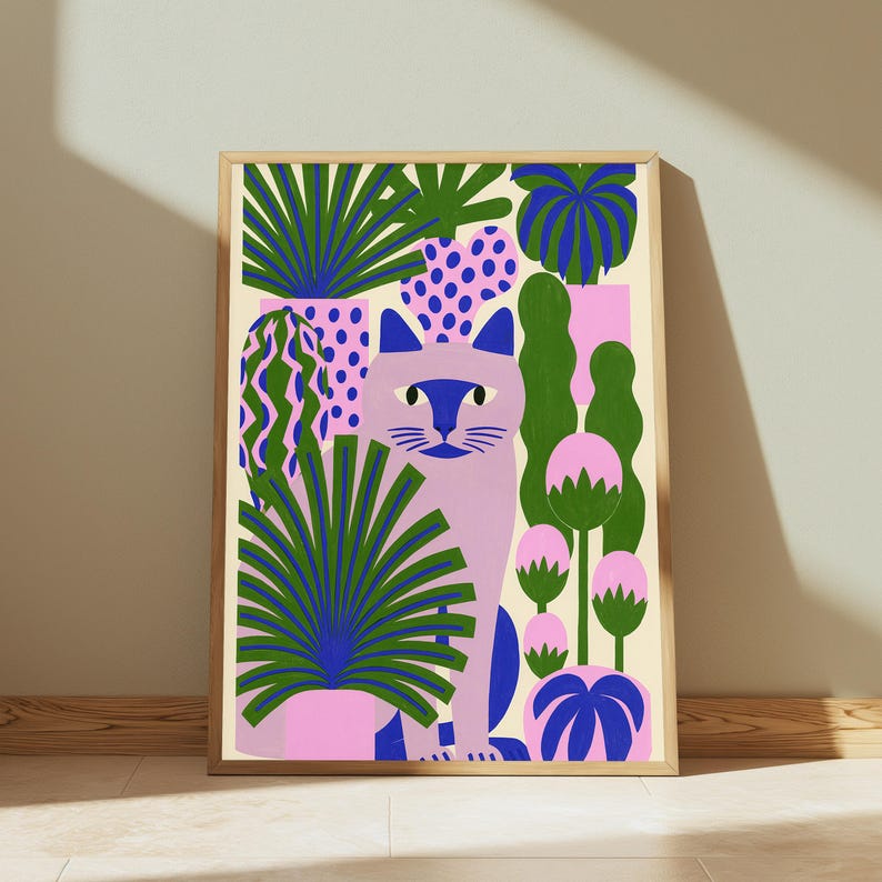 Pink Cat Jungle Minimalist Art Print | Botanical Pop Art | Colourful Home Decor | Digital Download A3 A2 A1 image 2