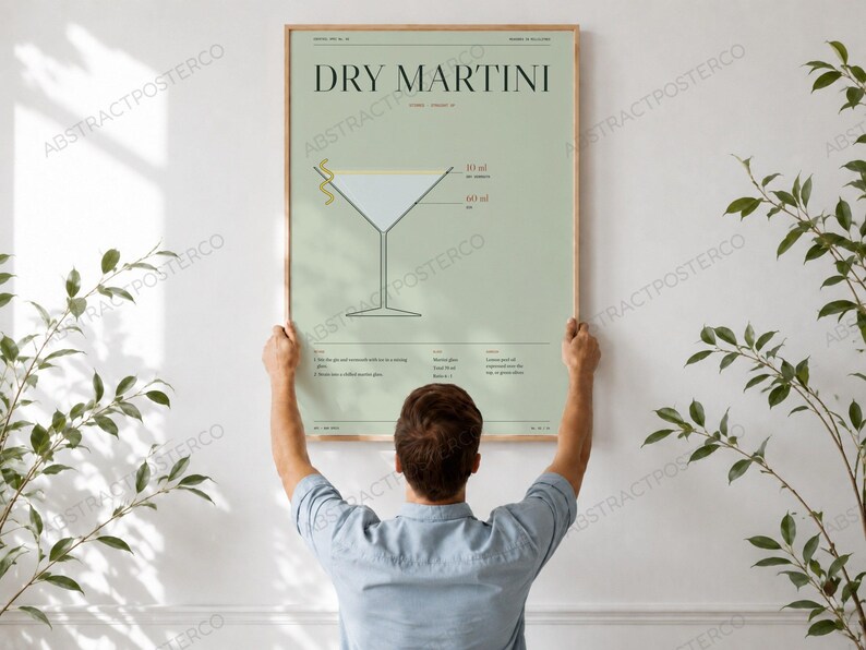 Dry Martini Cocktail Recipe Print in Sage, held up in a room