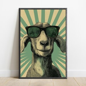 Cool Goat Sunglasses Print | Retro Pop Art Wall Art | Funny Animal Portrait Decor | Digital Download A3 A2 A1 image 7