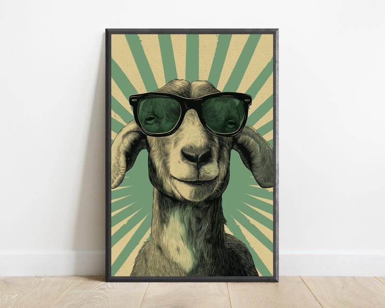 Cool Goat Sunglasses Print | Retro Pop Art Wall Art | Funny Animal Portrait Decor | Digital Download A3 A2 A1 image 7